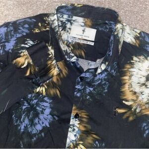 Fathers & Son Stretch Slim‎ Fit Floral Hawaiian Black Shirt Flowers Light Mens M